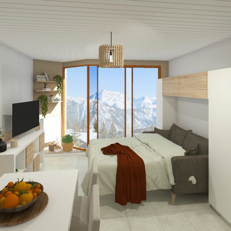 3D Espace de vie du studio en configuration nuit
